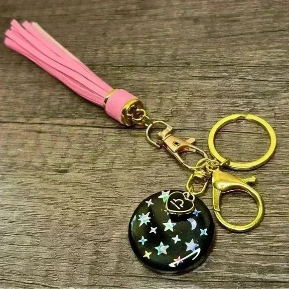 Hand Crafted Medallion Libra Charm and Pink Tassel Gold Tone Keychain - Picture 2 of 2
